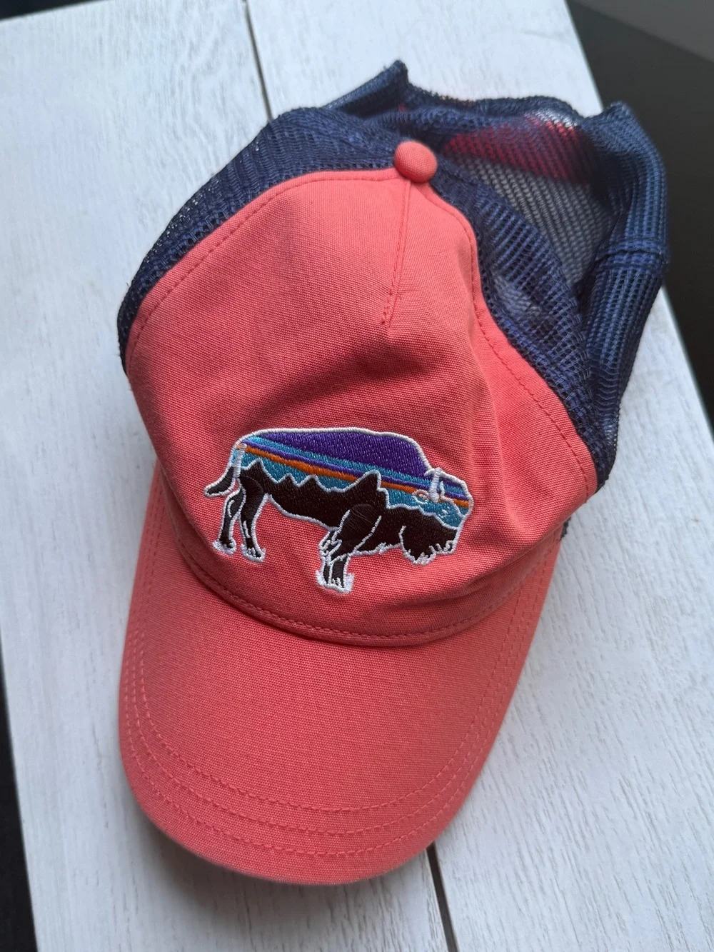 Patagonia Coral & Navy Trucker Hat with Buffalo Patch